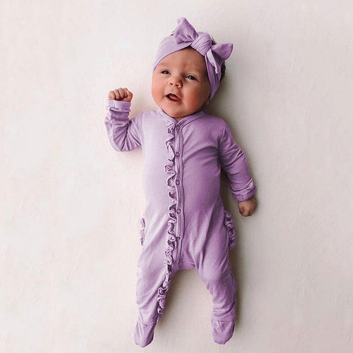 Sweet Solid Printed Fold Edge Long-sleeve Baby Jumpsuit With Headband - MomyMall Light Purple / 0-3 Months