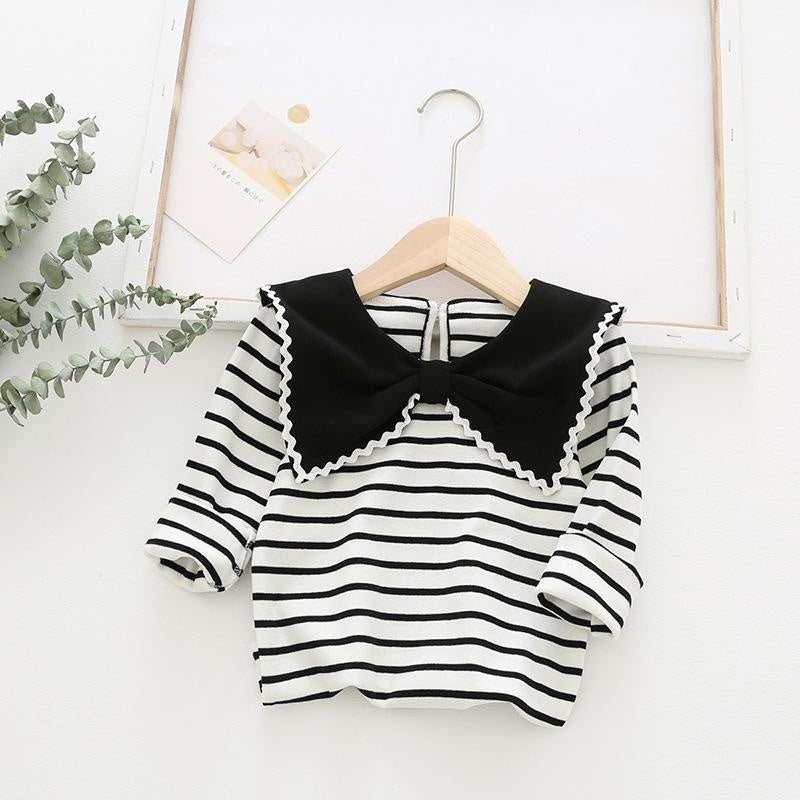 Della Big Bow Ruffle Collar Striped Top