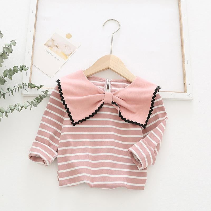 Della Big Bow Ruffle Collar Striped Top