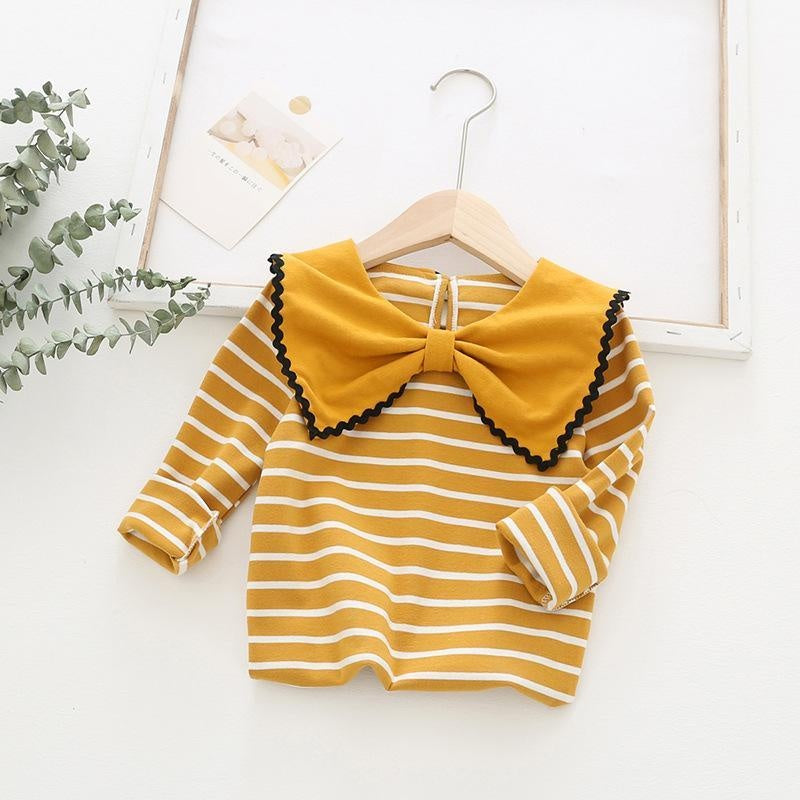 Della Big Bow Ruffle Collar Striped Top