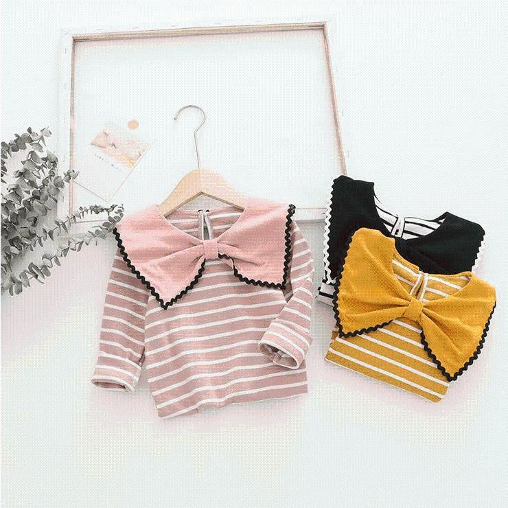 Della Big Bow Ruffle Collar Striped Top