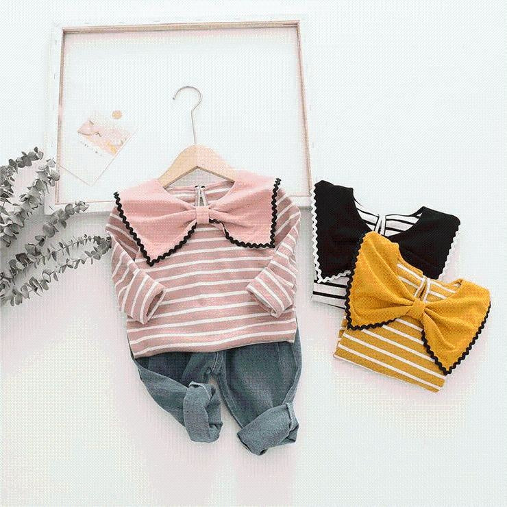 Della Big Bow Ruffle Collar Striped Top