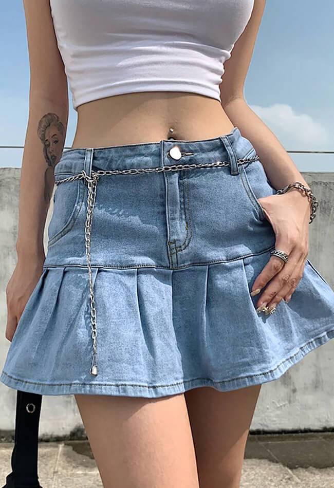 Denim Pleated Mini Skirt