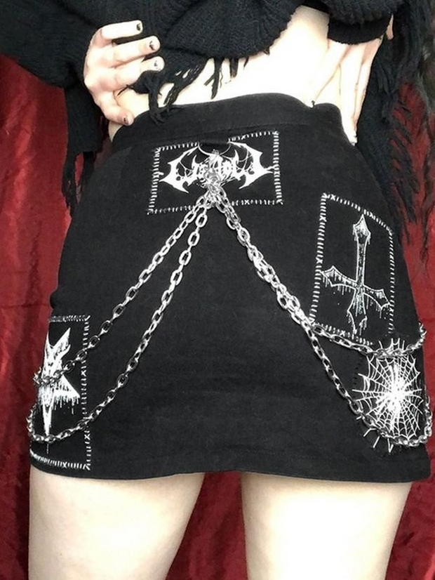 Detachable Chain Gothic Punk Printed Mini Skirt - MomyMall Black / S