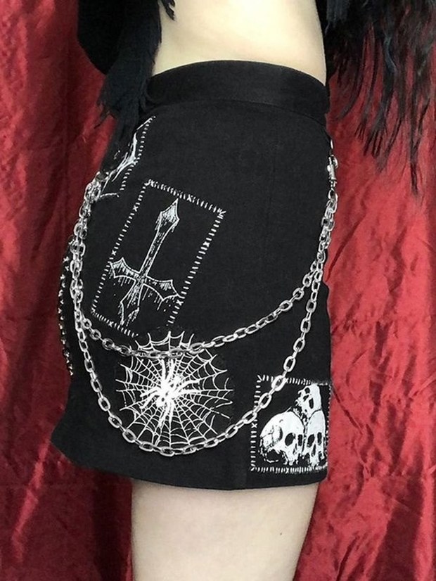 Detachable Chain Gothic Punk Printed Mini Skirt - MomyMall