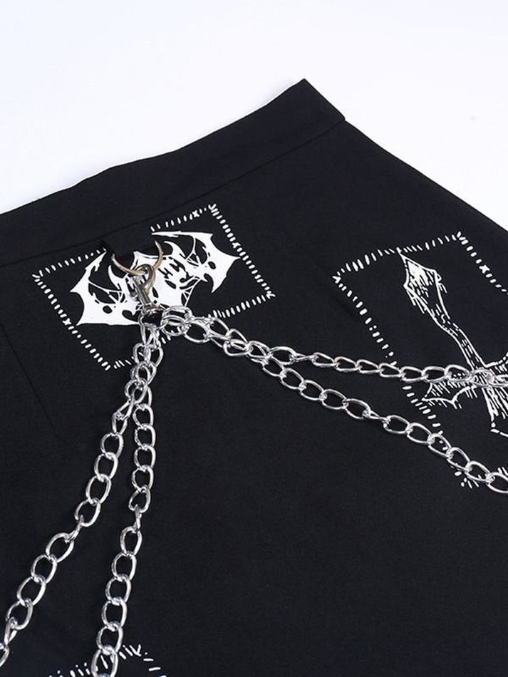 Detachable Chain Gothic Punk Printed Mini Skirt - MomyMall