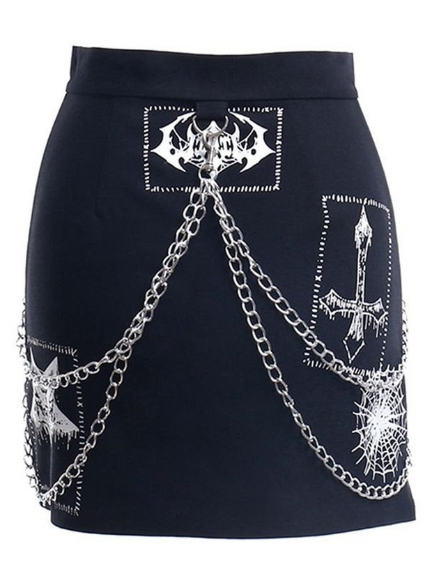 Detachable Chain Gothic Punk Printed Mini Skirt - MomyMall
