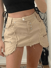 Distressed Denim Cargo Mini Skirt - MomyMall Khaki / S