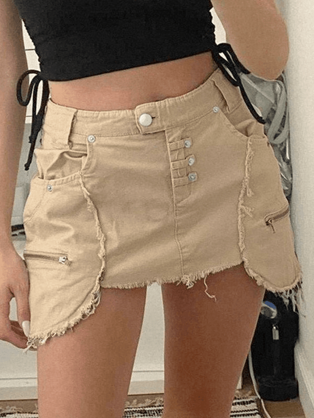 Distressed Denim Cargo Mini Skirt - MomyMall Khaki / S