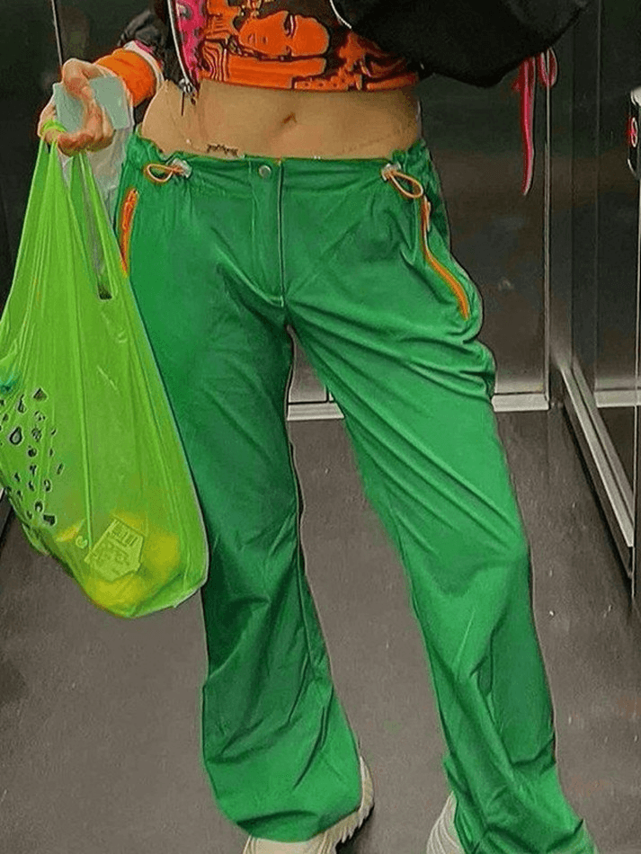 Drawstring Green Straight Leg Pants