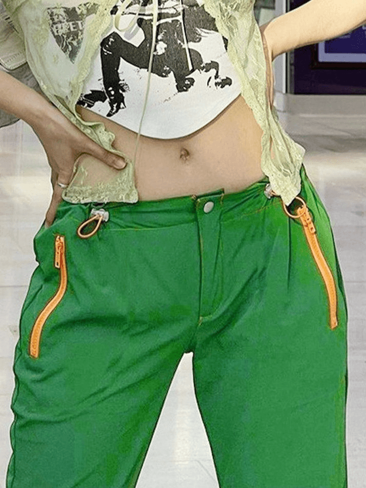 Drawstring Green Straight Leg Pants