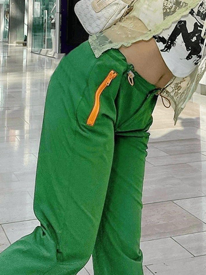 Drawstring Green Straight Leg Pants