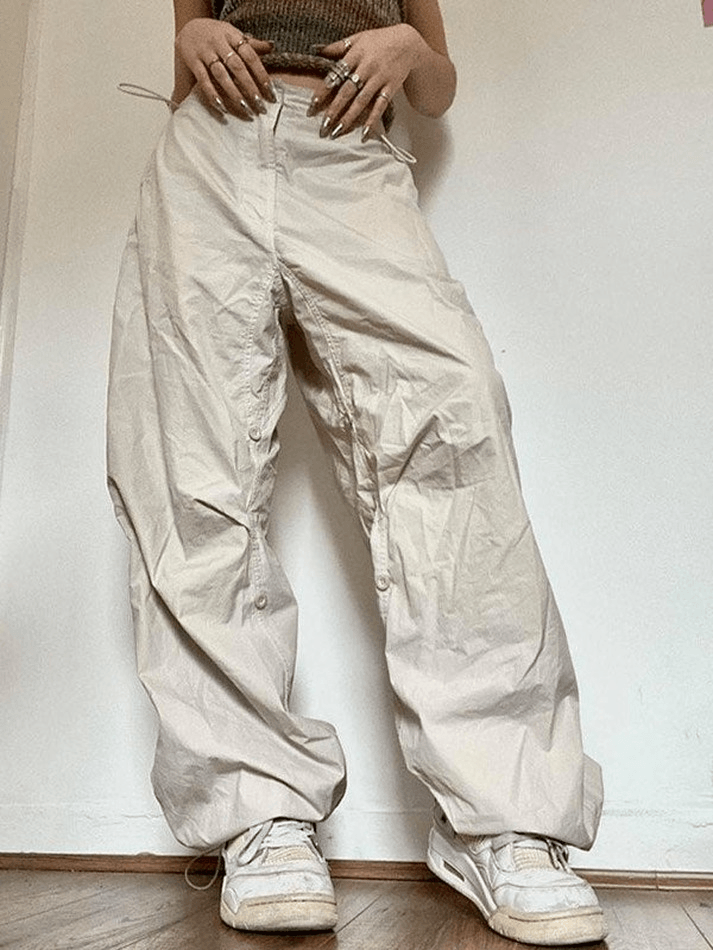 Drawstring Low Waist Baggy Cargo Pants - MomyMall Beige / S