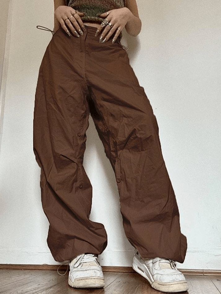 Drawstring Low Waist Baggy Cargo Pants - MomyMall Brown / S
