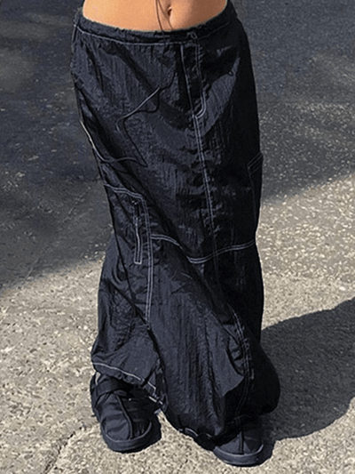 Drawstring Parachute Long Cargo Skirt - MomyMall Black / S