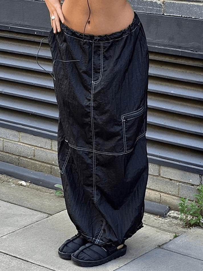 Drawstring Parachute Long Cargo Skirt - MomyMall