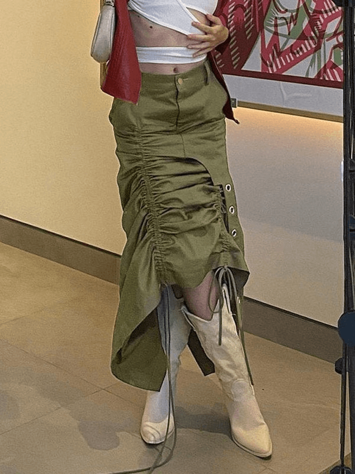 Drawstring Ruched Irregular Split Long Cargo Skirt - MomyMall Green / S