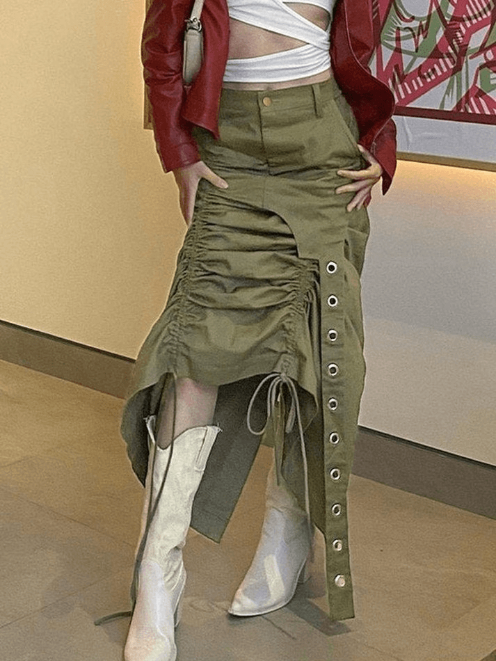 Drawstring Ruched Irregular Split Long Cargo Skirt - MomyMall