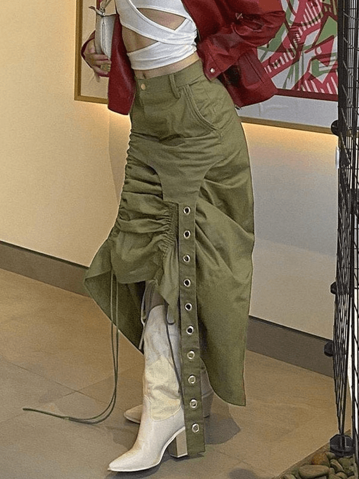 Drawstring Ruched Irregular Split Long Cargo Skirt - MomyMall