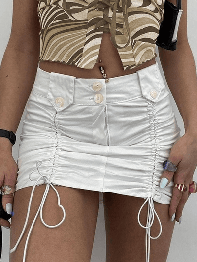 Drawstring Ruched Y2K White Mini Skirt - MomyMall White / S