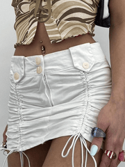 Drawstring Ruched Y2K White Mini Skirt - MomyMall