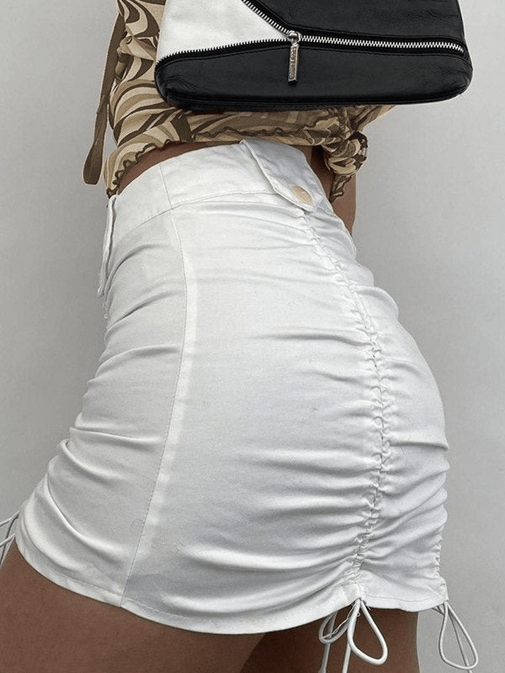 Drawstring Ruched Y2K White Mini Skirt - MomyMall