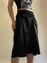 Drawstring Satin Y2K Black Midi Skirt