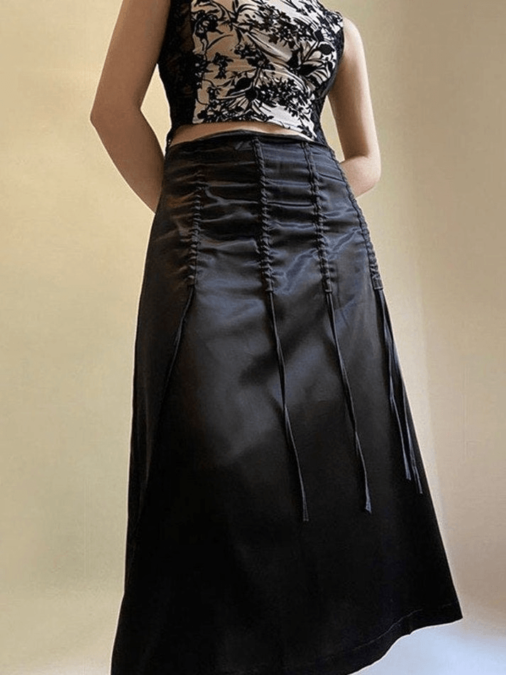 Drawstring Satin Y2K Black Midi Skirt