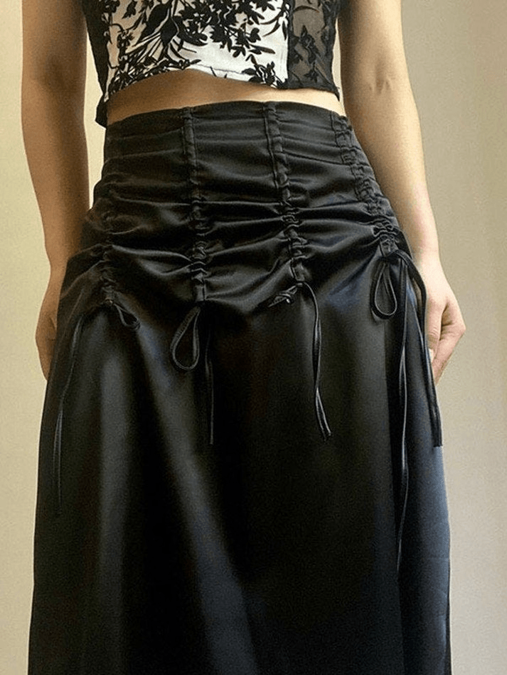 Drawstring Satin Y2K Black Midi Skirt