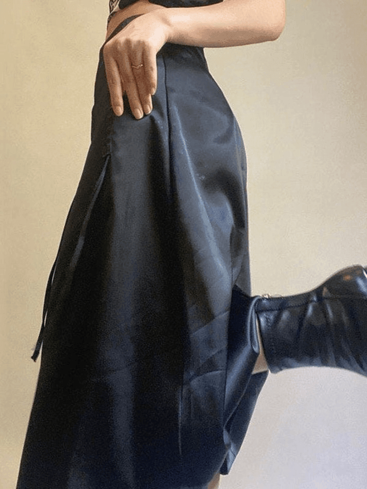 Drawstring Satin Y2K Black Midi Skirt