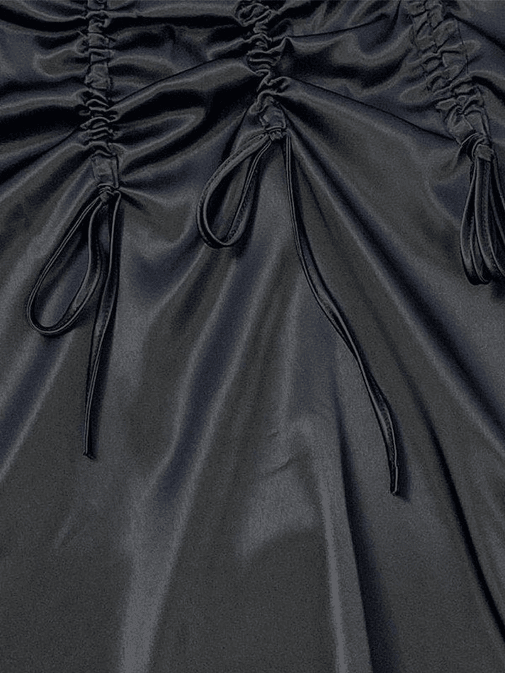 Drawstring Satin Y2K Black Midi Skirt