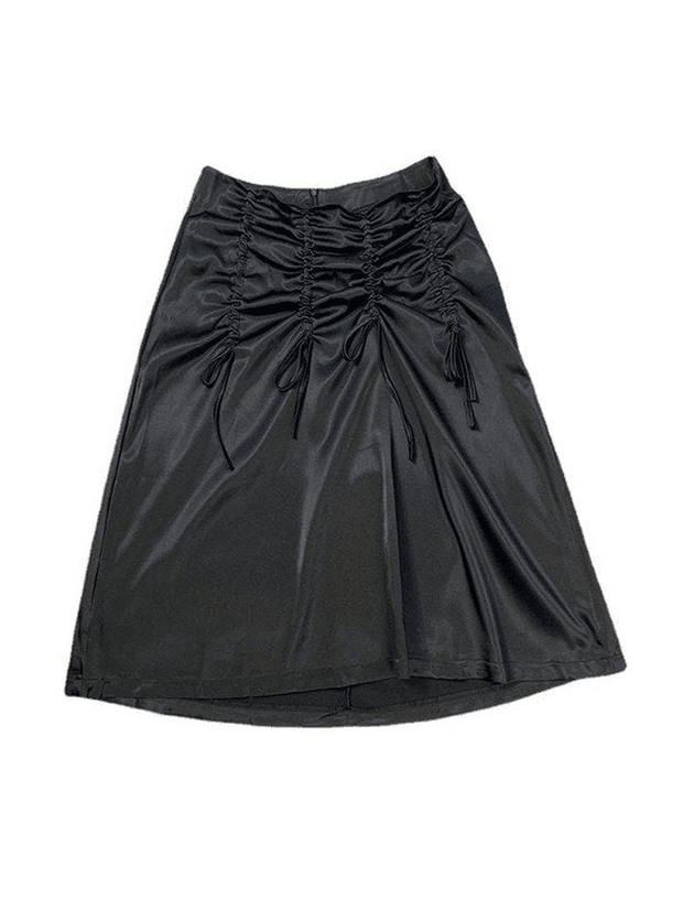 Drawstring Satin Y2K Black Midi Skirt