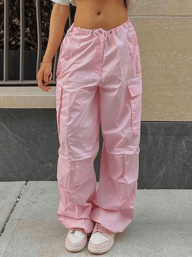 Drawstring Y2K Baggy Cargo Pants - MomyMall Pink / S