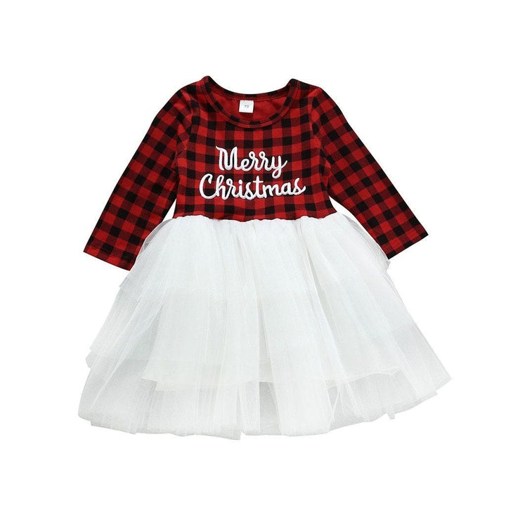 Kids Girls Christmas Dress Casual Long Sleeve Plaid Patchwork Dress - MomyMall Red / 0-3 Months