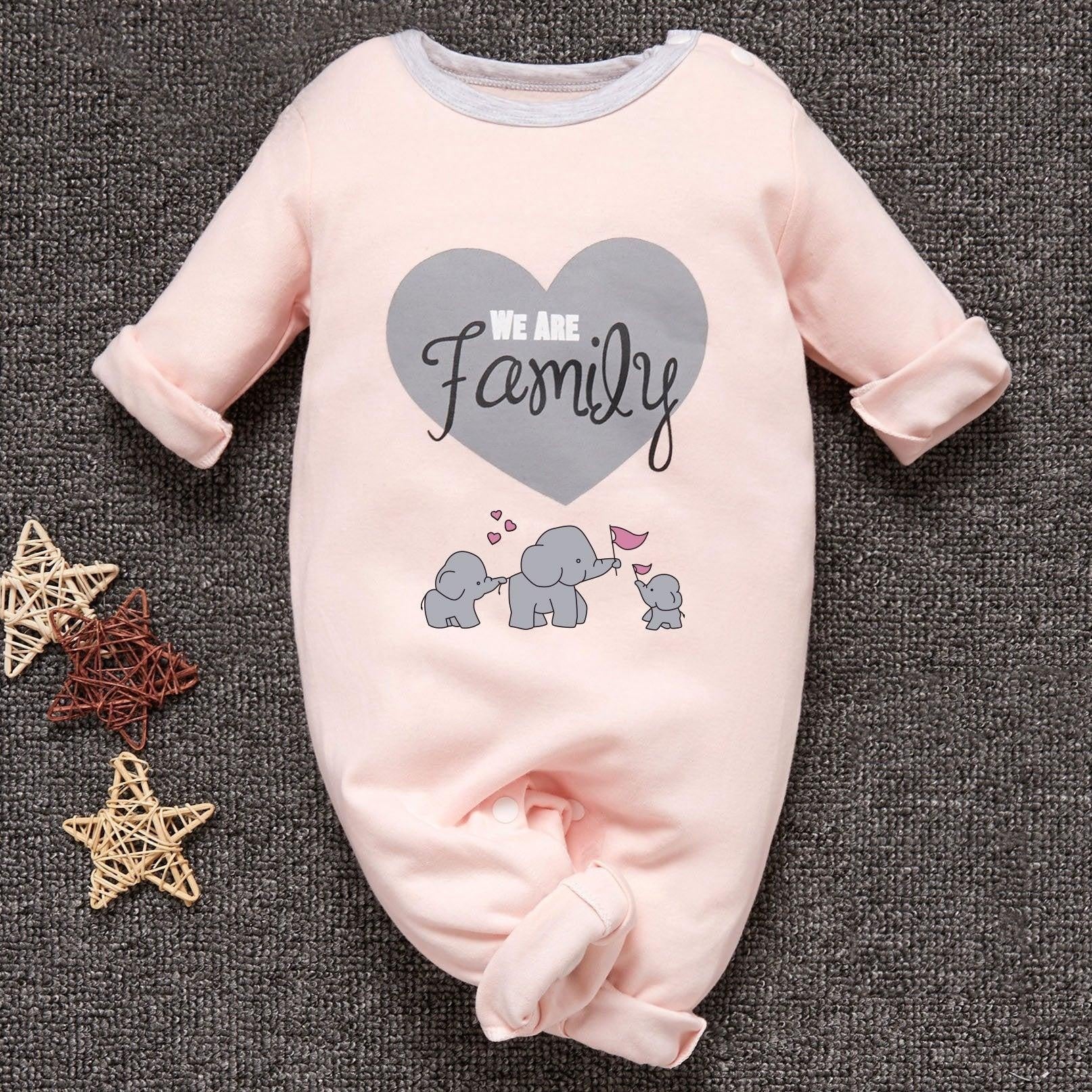 Lovely We Are Family Cartoon Elephant Printed Baby Jumpsuit