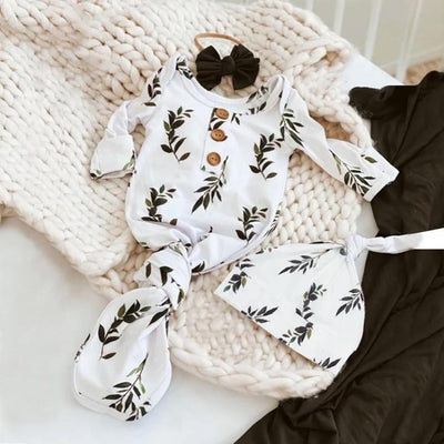 Lovely Baby NewBorn Leaves Printed Pajamas With Hat - MomyMall White / 0-3 Months