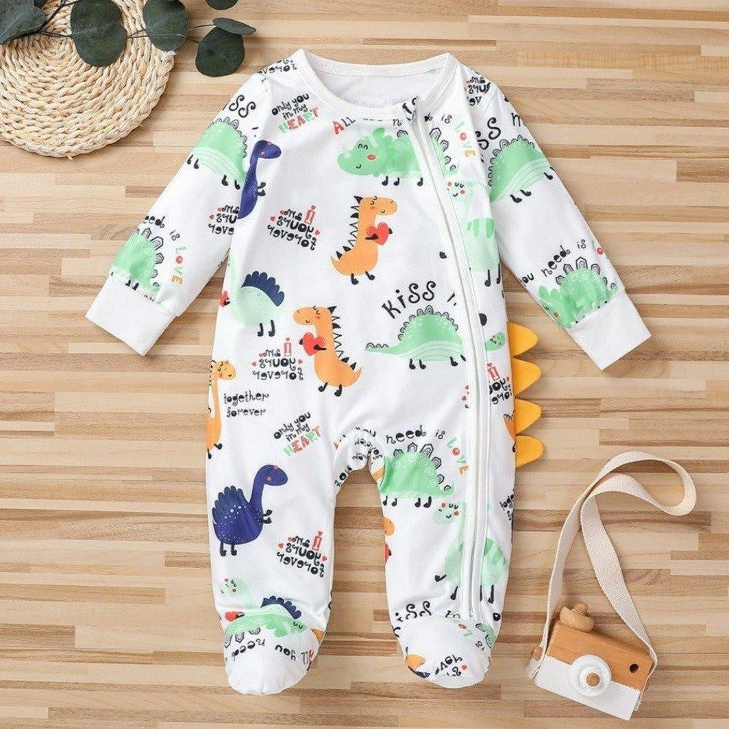 Lovely Newborn Baby Autumn And Winter Cartoon Dinosaur Printed Long-sleeve Jumpsuit