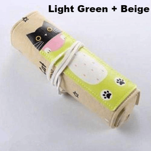 Cute Cat Roll Up Pencil Case - MomyMall Light Green + Beige