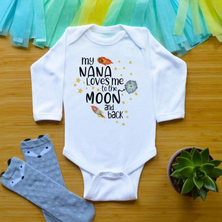 “my NANA Loves me to the MooN and back” Cartoon Rocket Letters Printed Baby Romper