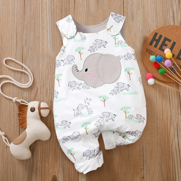 Sweet Cartoon Elephant Printed Baby Jumpsuit - MomyMall White / 0-3 Months
