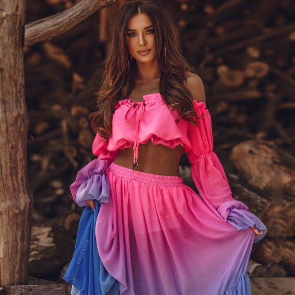 Two Piece Sexy Crop Top and Maxi Skirt Beachwear Cover Up