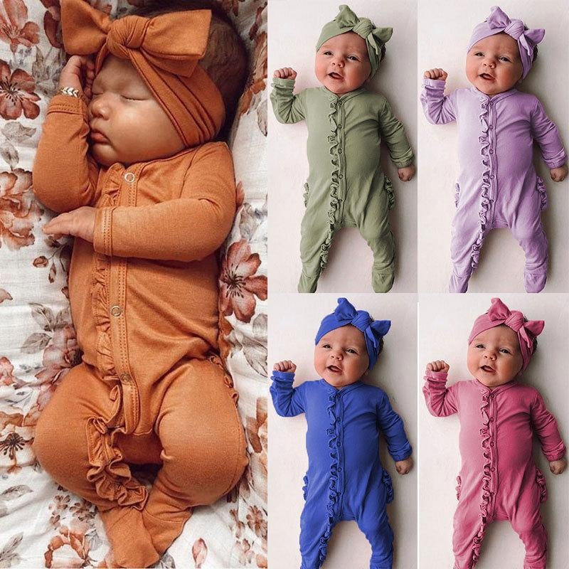 Sweet Solid Printed Fold Edge Long-sleeve Baby Jumpsuit With Headband - MomyMall