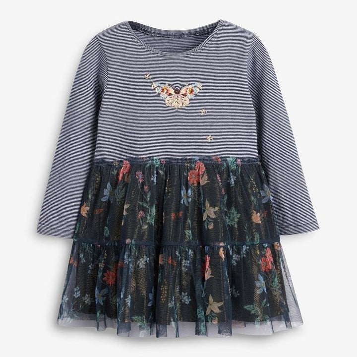 Embroidered Butterfly Floral Long Sleeve Tulle Dress - MomyMall 2-3 Years