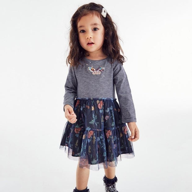 Embroidered Butterfly Floral Long Sleeve Tulle Dress - MomyMall