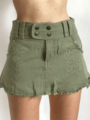 Embroidered Green Cargo Denim Mini Skirt - MomyMall Green / S