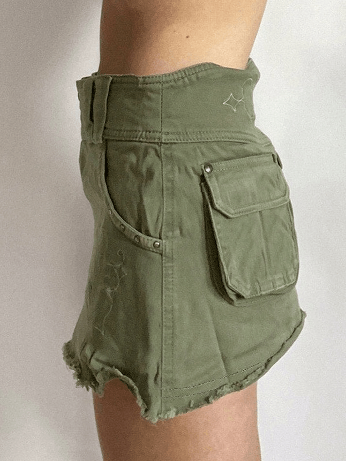 Embroidered Green Cargo Denim Mini Skirt - MomyMall