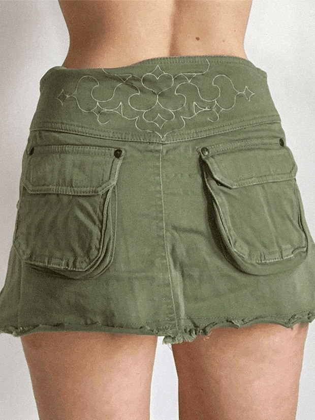 Embroidered Green Cargo Denim Mini Skirt - MomyMall