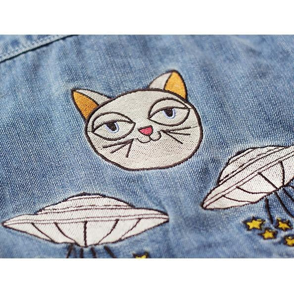 Embroidered UFO Kitty Denim Jacket