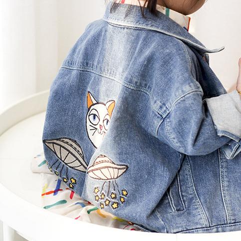 Embroidered UFO Kitty Denim Jacket