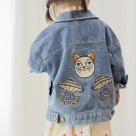 Embroidered UFO Kitty Denim Jacket